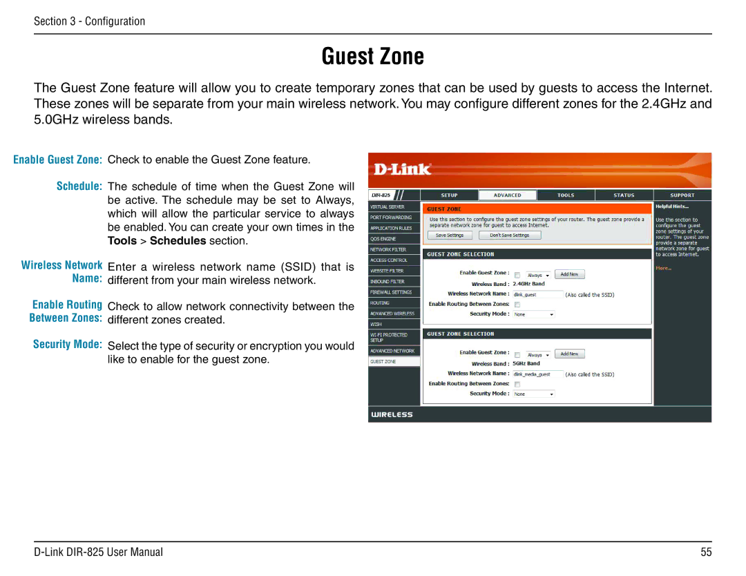 D-Link DIR-825 manual Guest Zone, Schedule, Security Mode 