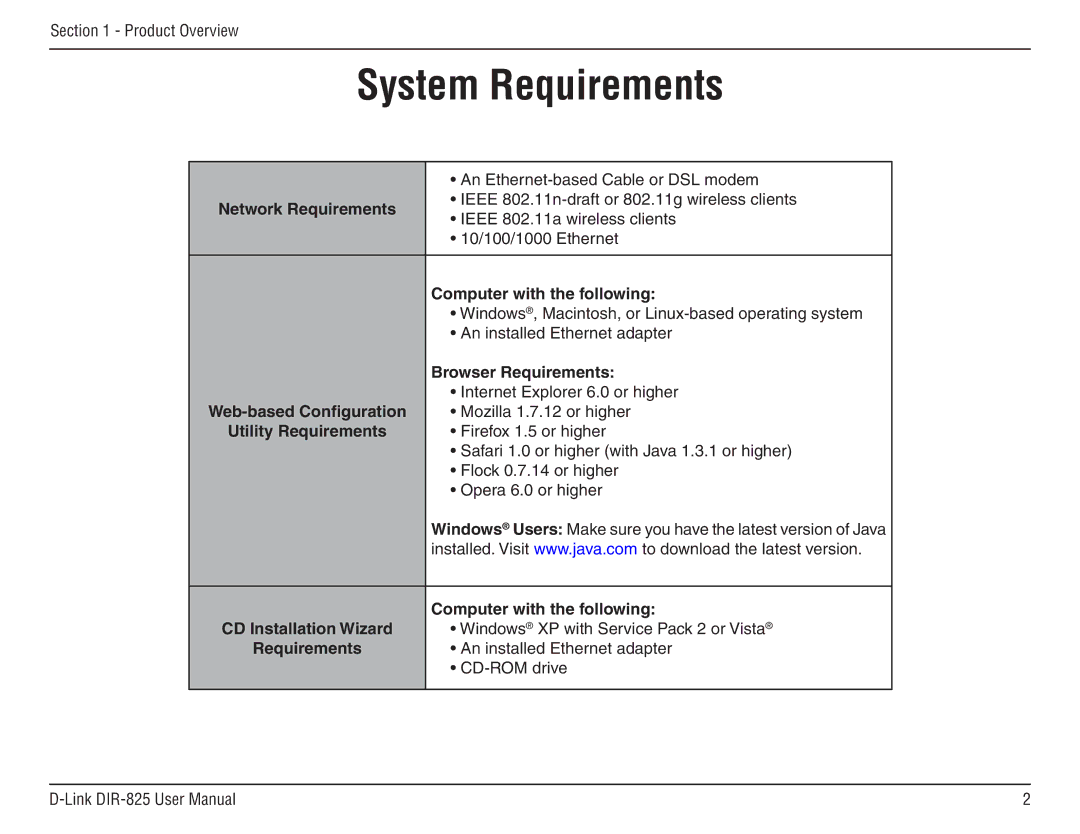 D-Link DIR-825 manual System Requirements, Computer with the following, Browser Requirements, Utility Requirements 