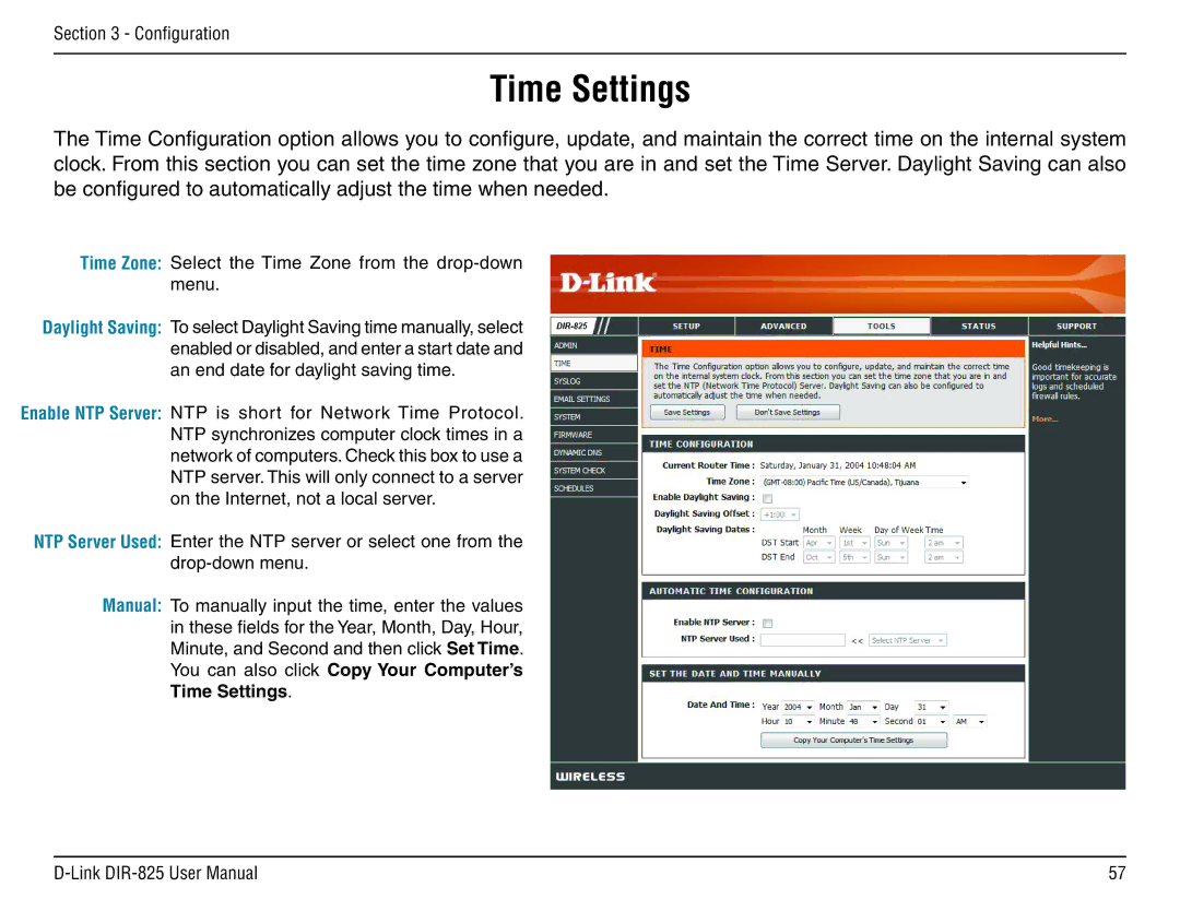 D-Link DIR-825 manual Time Settings 