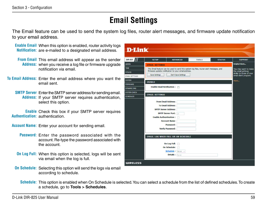 D-Link DIR-825 manual Email Settings, Authentication authentication 