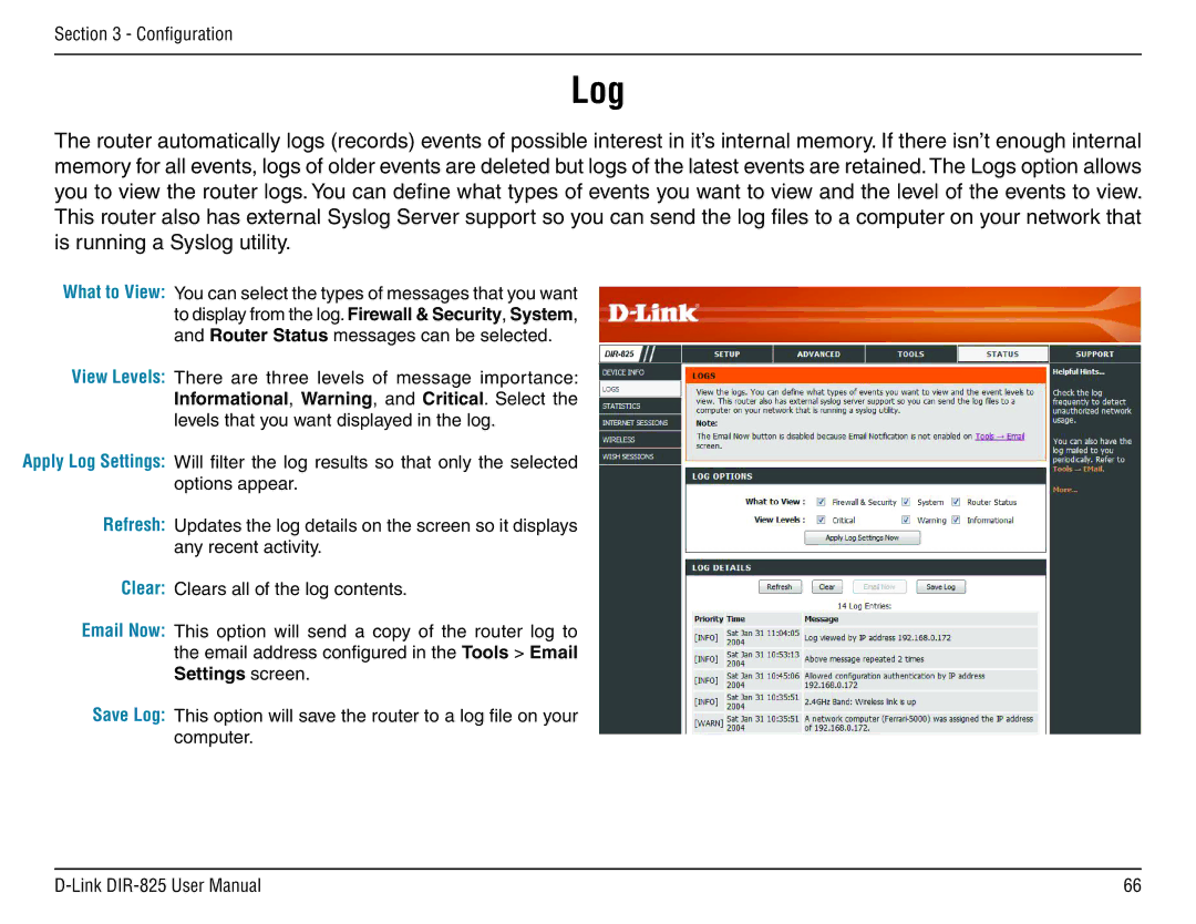 D-Link DIR-825 manual Log 