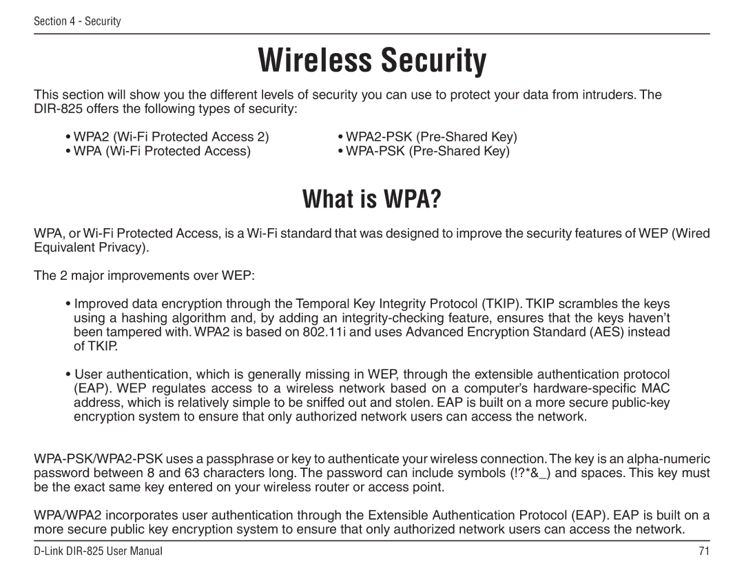 D-Link DIR-825 manual Wireless Security, What is WPA? 