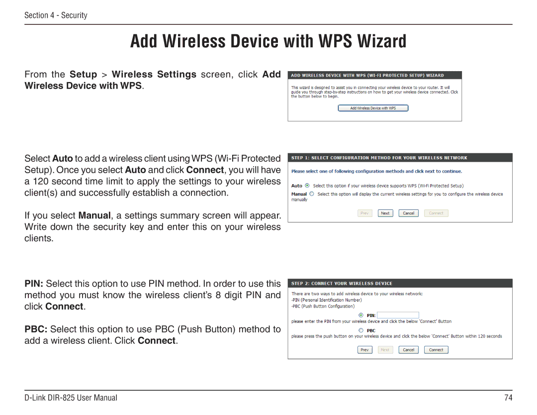 D-Link DIR-825 manual Add Wireless Device with WPS Wizard 