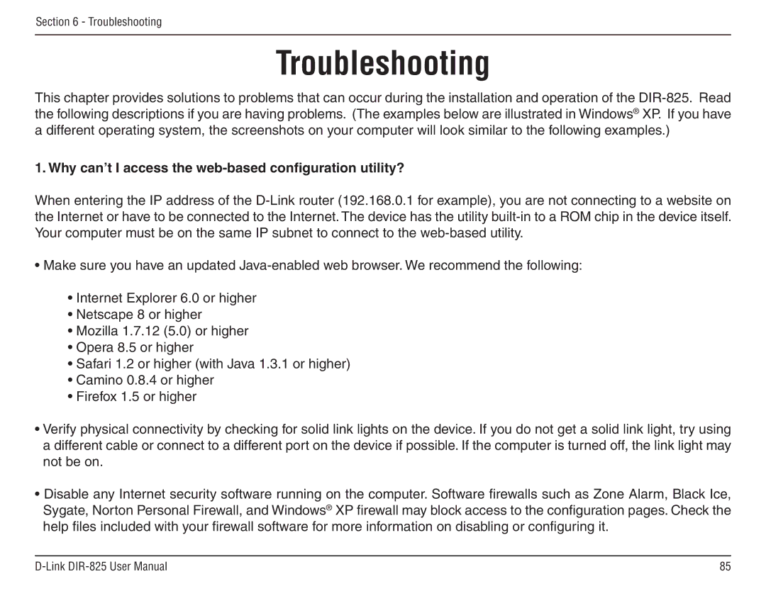 D-Link DIR-825 manual Troubleshooting, Why can’t I access the web-based configuration utility? 