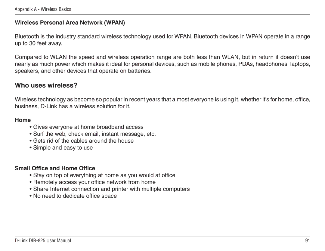 D-Link DIR-825 manual Wireless Personal Area Network Wpan, Small Office and Home Office 