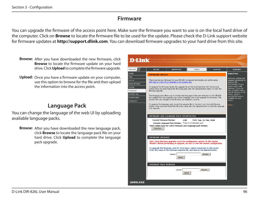 D-Link DIR-826L manual Firmware, Language Pack, Upload 