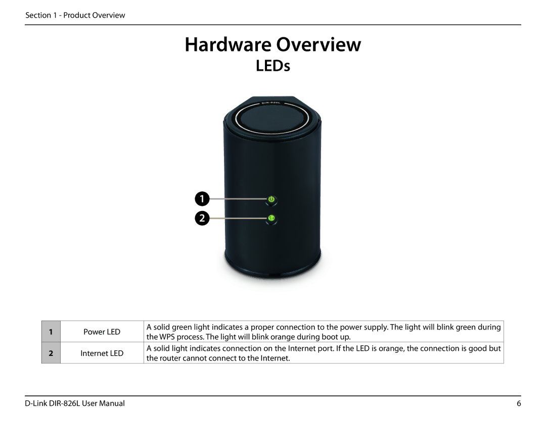 D-Link DIR-826L manual LEDs, Power LED 