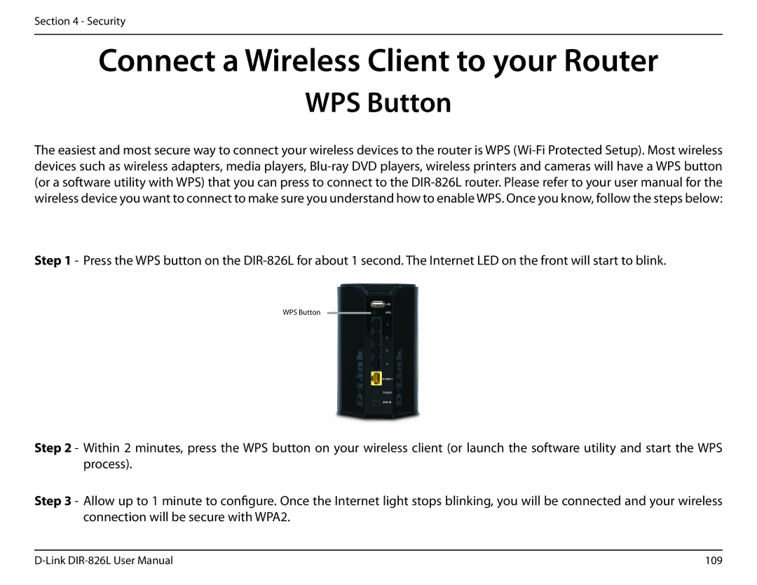 D-Link DIR-826L manual Connect a Wireless Client to your Router, WPS Button 