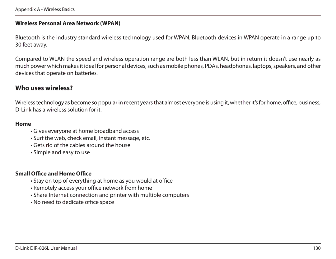 D-Link DIR-826L manual Wireless Personal Area Network Wpan, Small Office and Home Office 