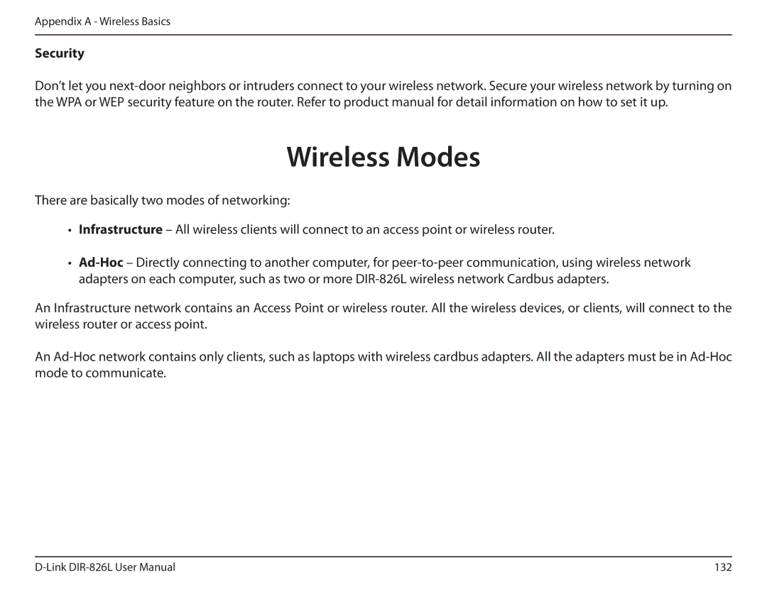 D-Link DIR-826L manual Wireless Modes, Security 