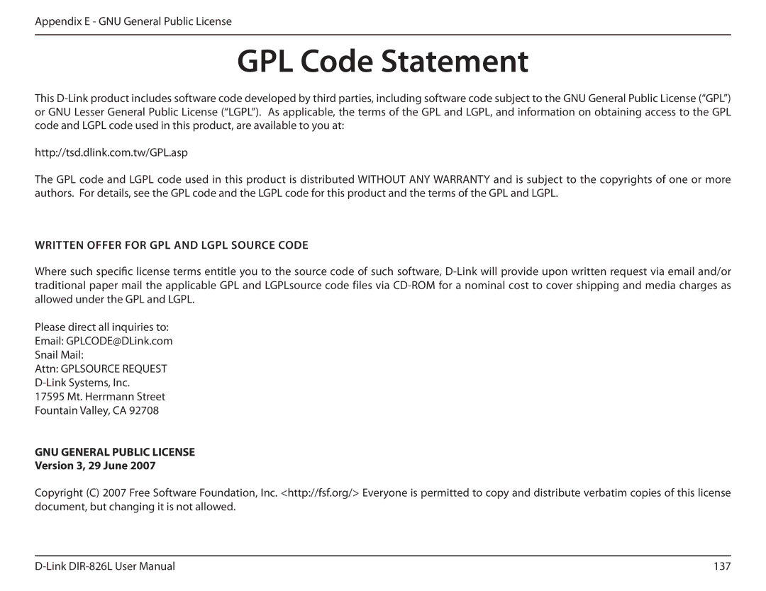 D-Link DIR-826L manual GPL Code Statement, Version 3, 29 June 