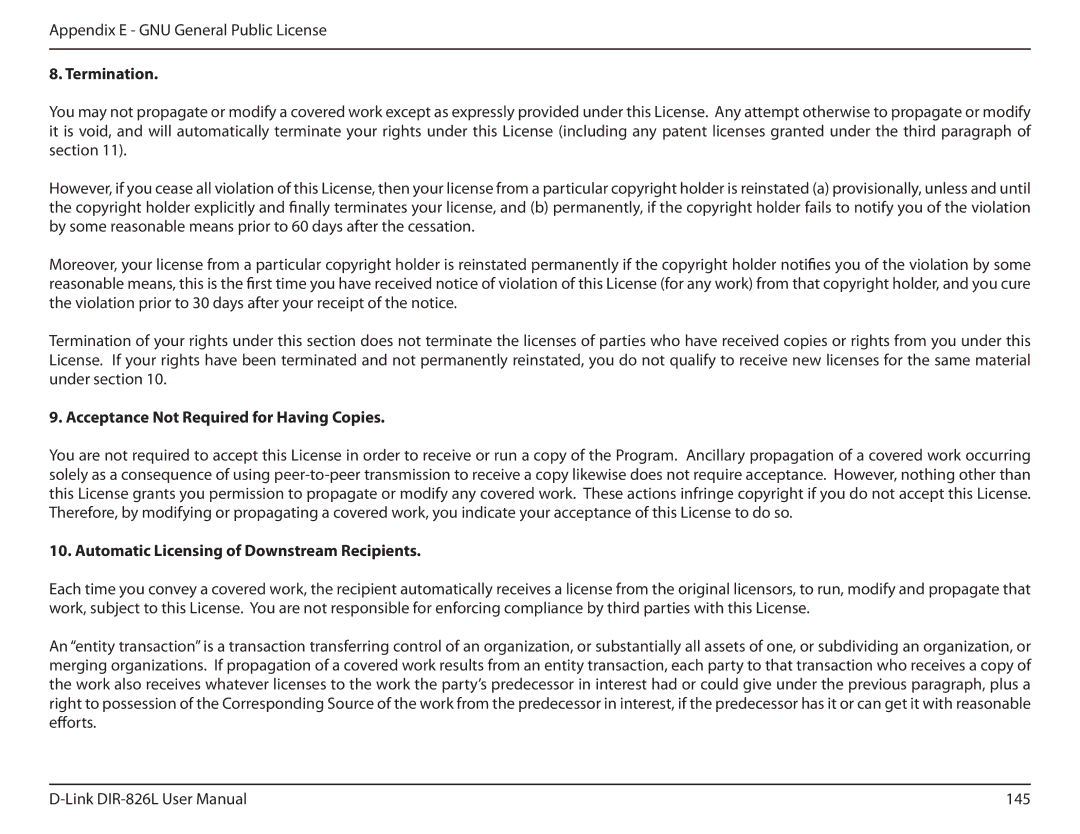 D-Link DIR-826L manual Termination, Acceptance Not Required for Having Copies, Automatic Licensing of Downstream Recipients 