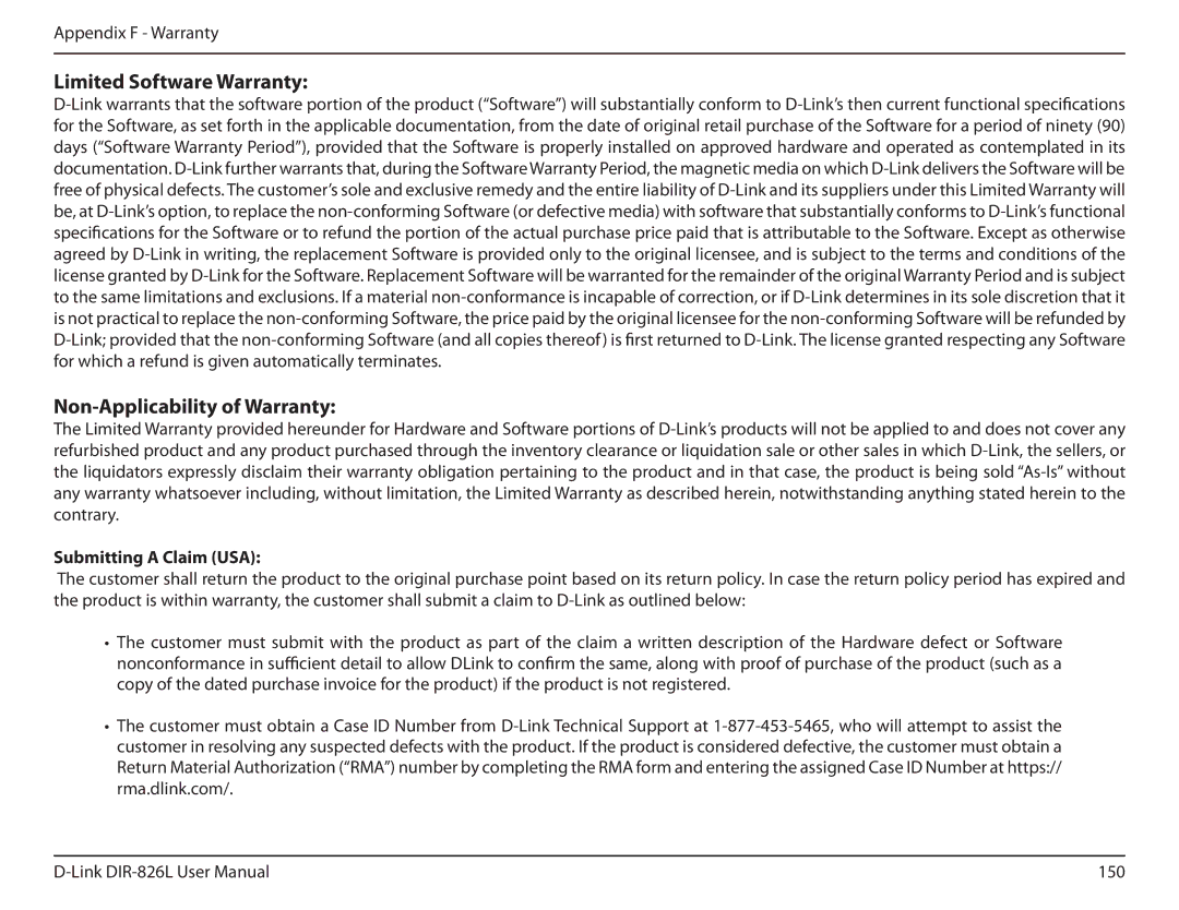 D-Link DIR-826L manual Limited Software Warranty, Non-Applicability of Warranty, Submitting a Claim USA 