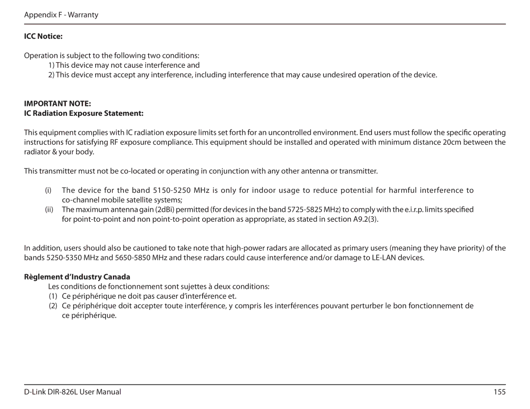 D-Link DIR-826L manual ICC Notice, IC Radiation Exposure Statement, Règlement d’Industry Canada 