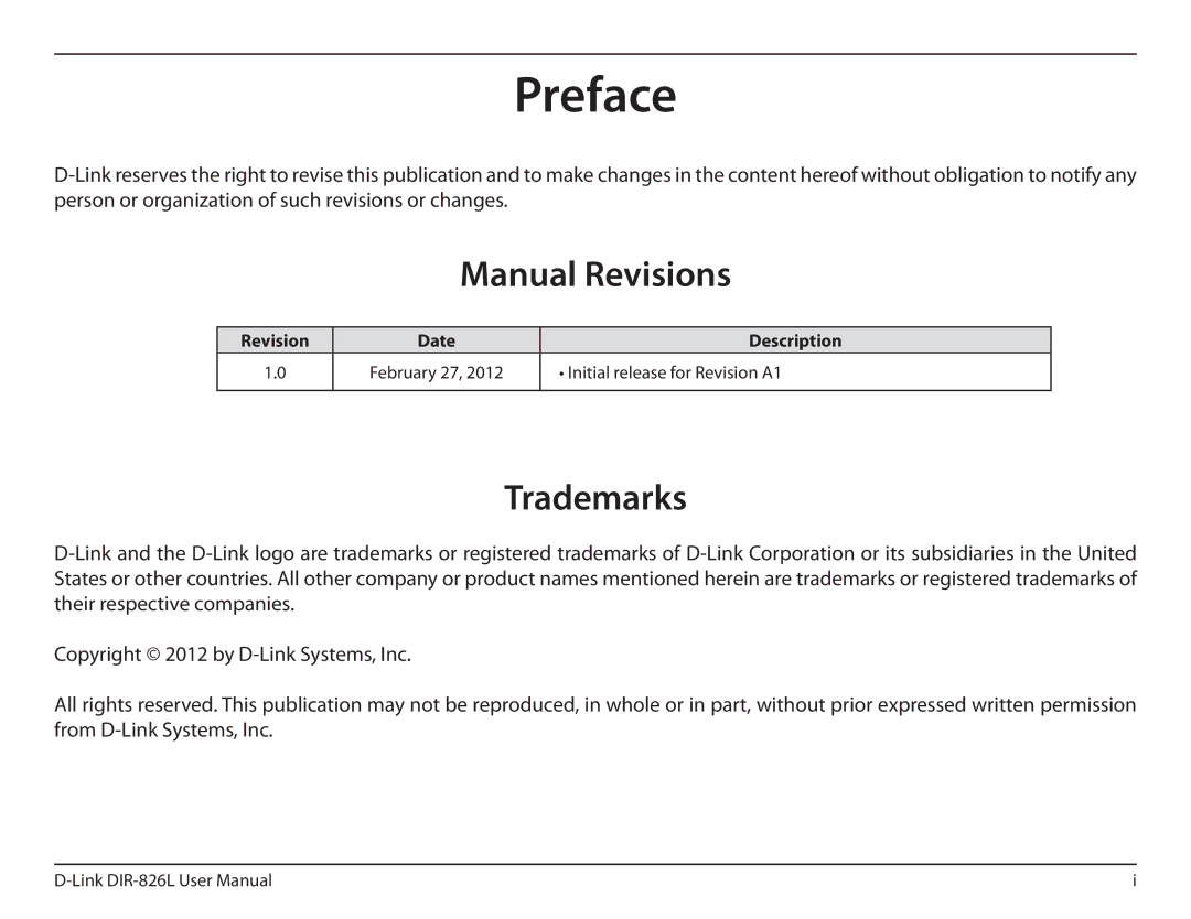 D-Link DIR-826L manual Preface, Manual Revisions, Trademarks, Revision Date Description, Initial release for Revision A1 