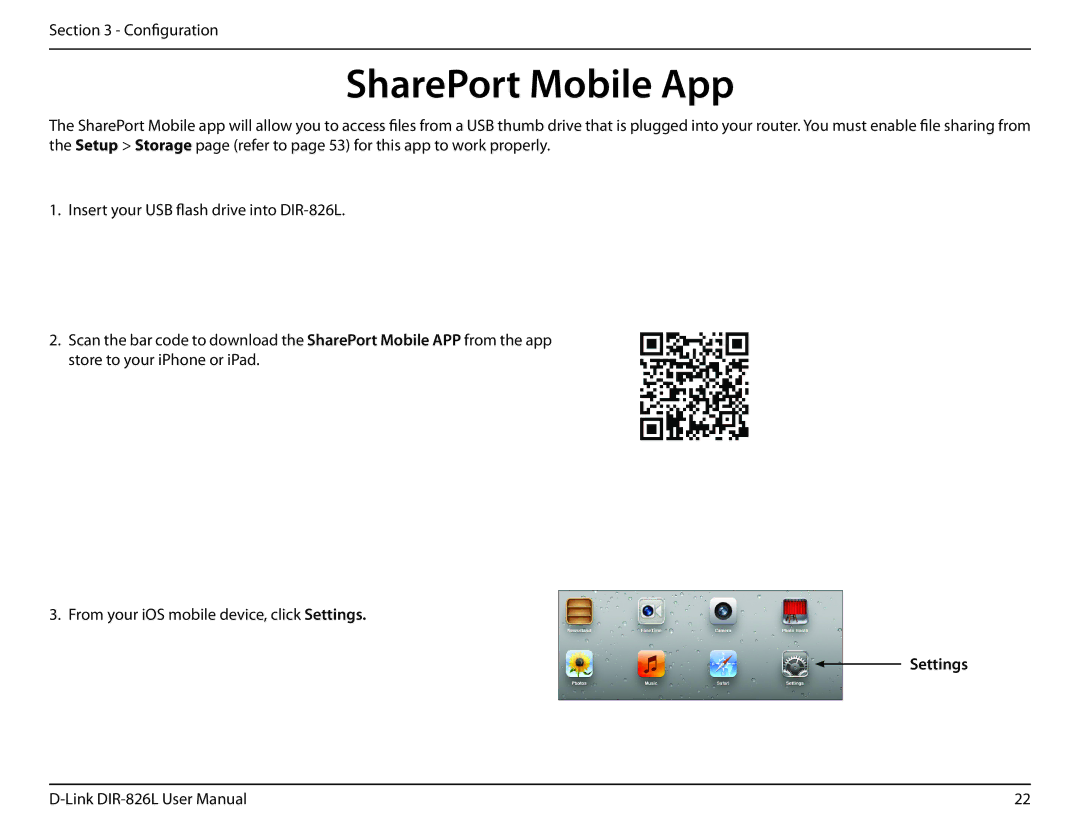 D-Link DIR-826L manual SharePort Mobile App, Settings 