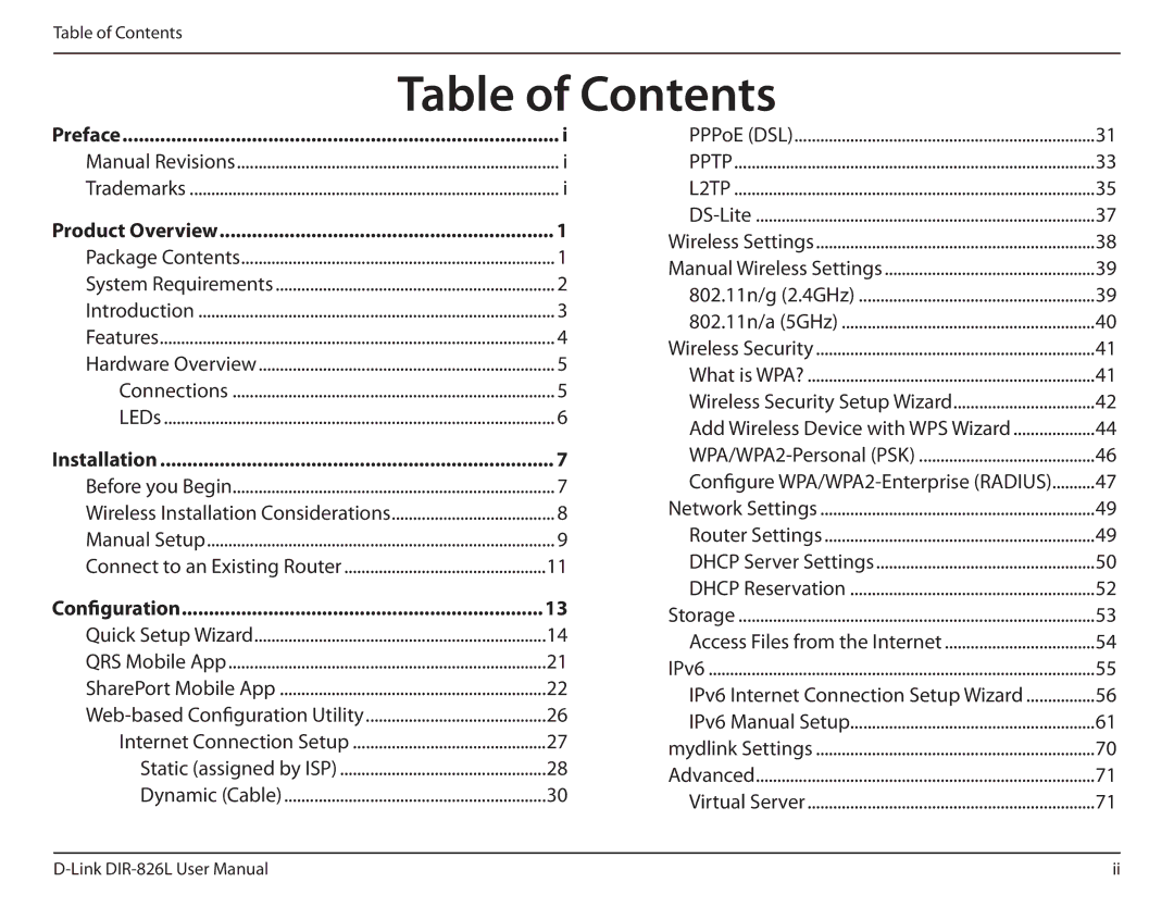 D-Link DIR-826L manual Table of Contents 