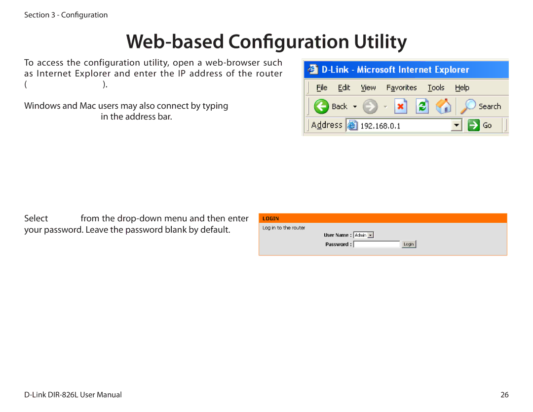 D-Link DIR-826L manual Web-based Configuration Utility, Http//dlinkrouter in the address bar 