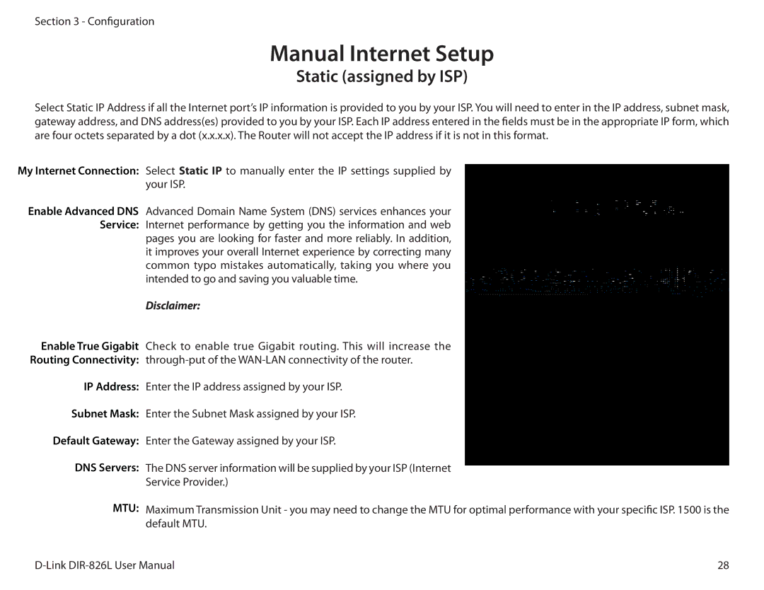 D-Link DIR-826L manual Manual Internet Setup, Static assigned by ISP 