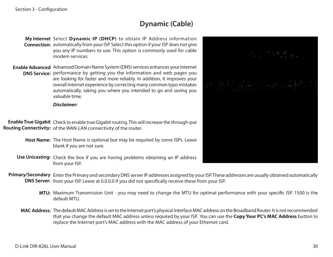 D-Link DIR-826L manual Dynamic Cable, My Internet Connection, MAC Address 