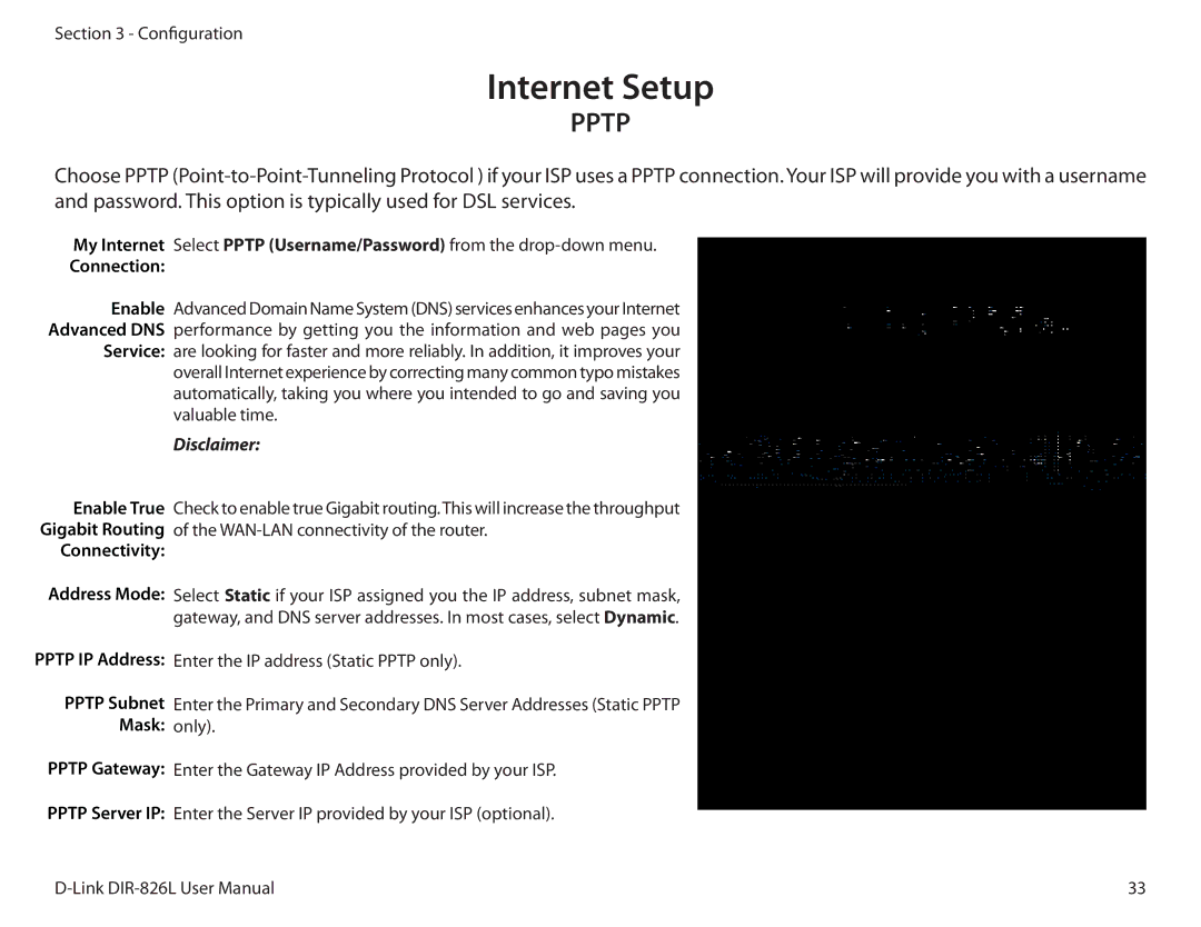 D-Link DIR-826L manual Enable True, Connectivity Address Mode, Pptp Subnet Mask Pptp Gateway 