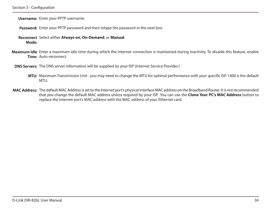 D-Link DIR-826L manual Reconnect Select either Always-on,On-Demand, or Manual Mode 