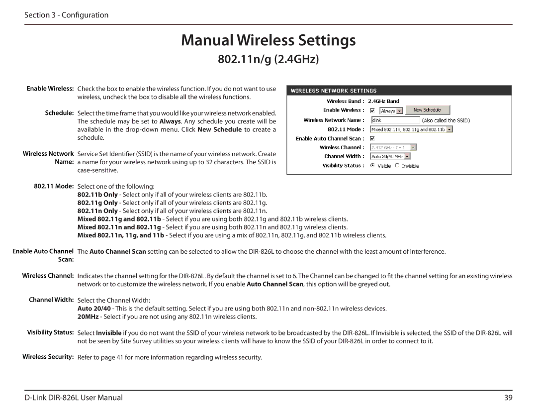 D-Link DIR-826L manual Manual Wireless Settings, 802.11n/g 2.4GHz 