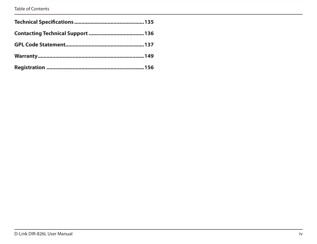 D-Link DIR-826L manual Table of Contents Technical Specifications, GPL Code Statement, Warranty, Registration 
