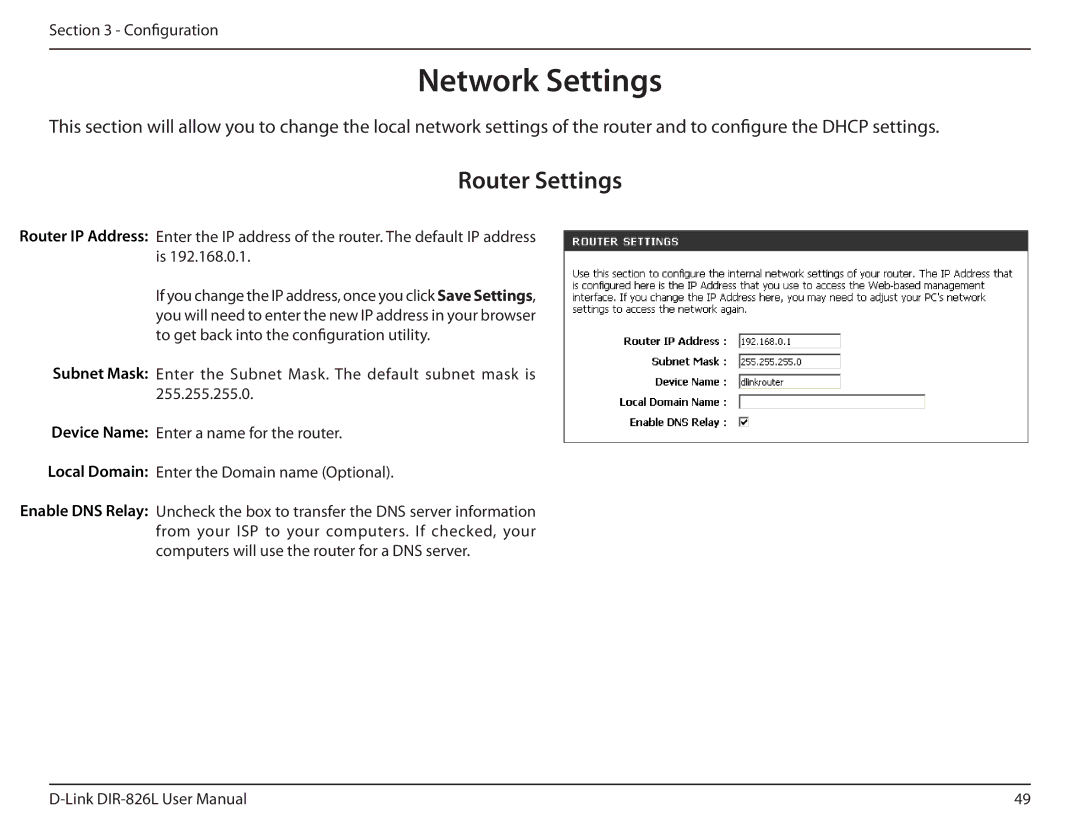 D-Link DIR-826L manual Network Settings, Router Settings 