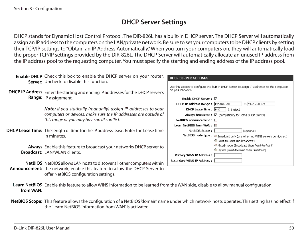 D-Link DIR-826L manual Dhcp Server Settings 