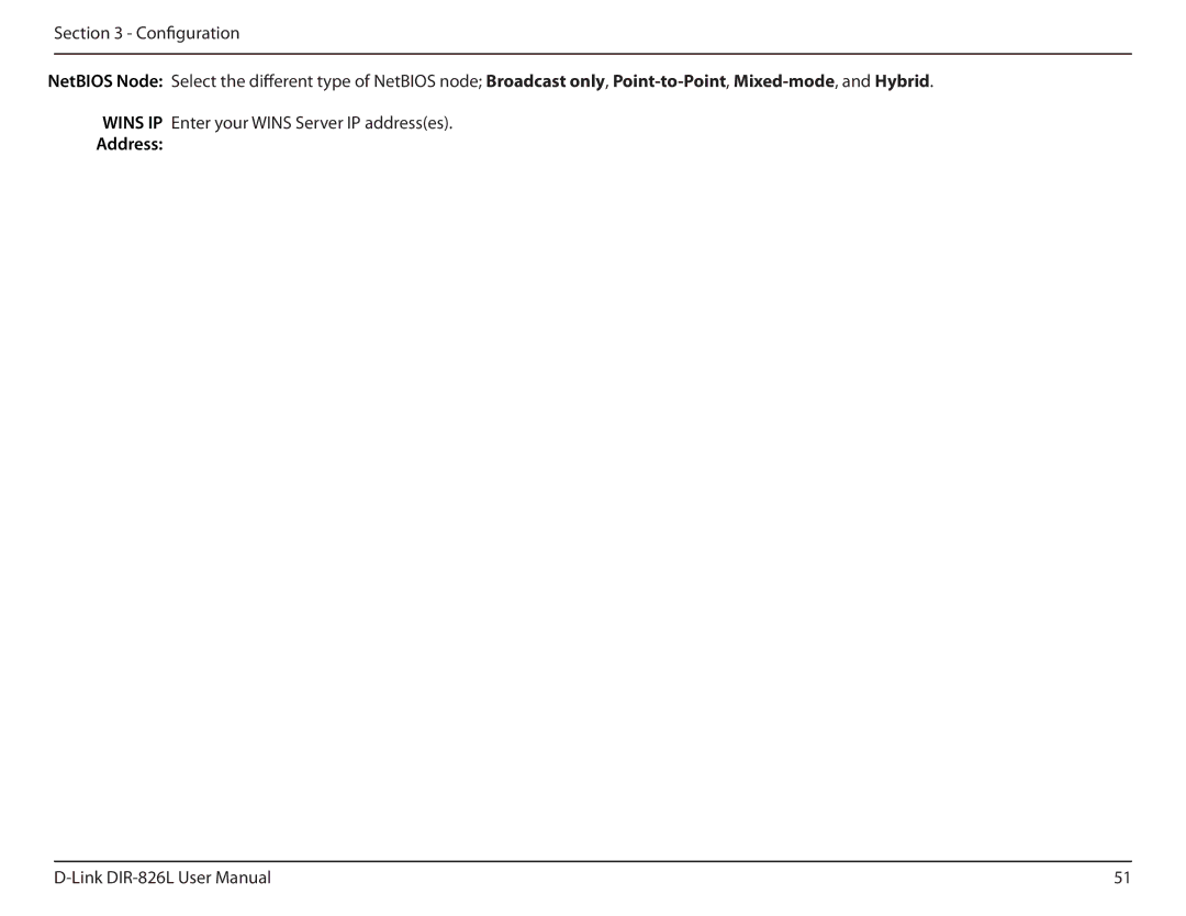 D-Link DIR-826L manual Wins IP Enter your Wins Server IP addresses 