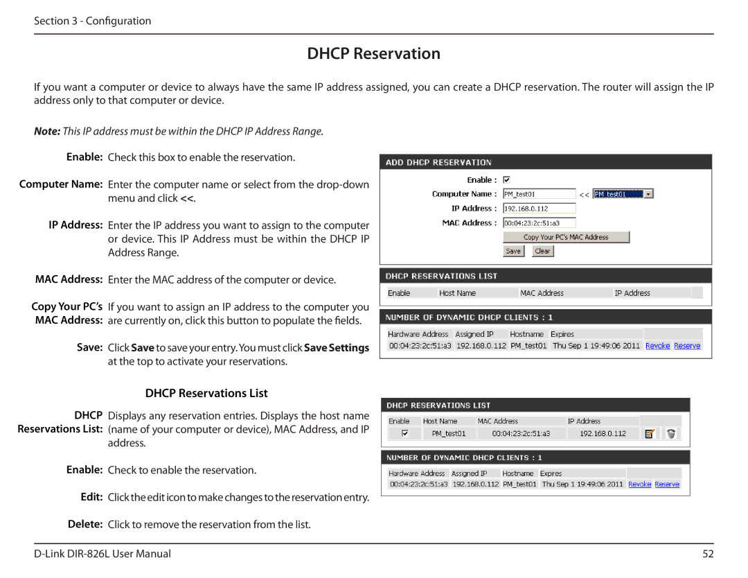 D-Link DIR-826L manual Dhcp Reservations List 