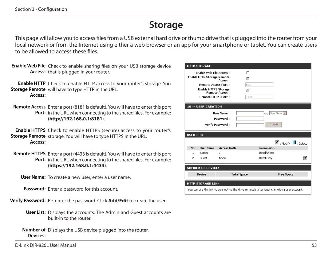 D-Link DIR-826L manual Storage, Access, Http//192.168.0.18181, Https//192.168.0.14433, Devices 