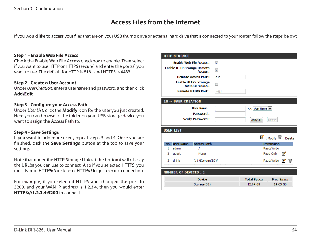 D-Link DIR-826L manual Access Files from the Internet, Enable Web File Access, Create a User Account, Save Settings 