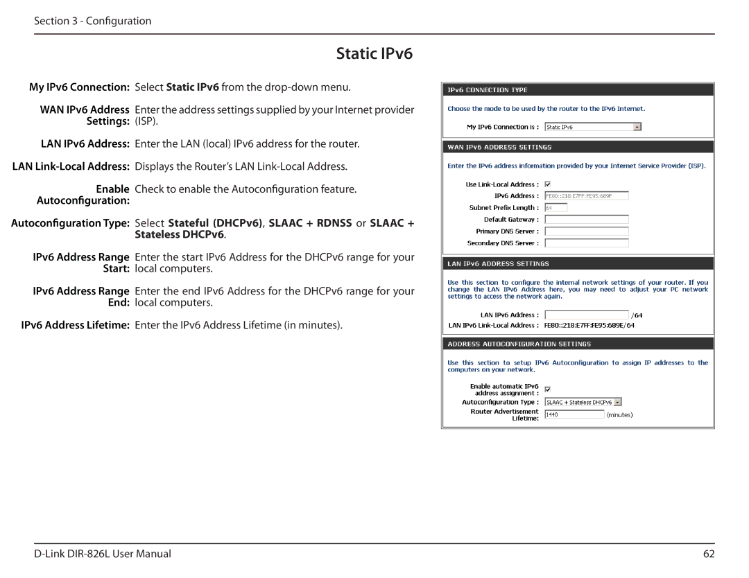 D-Link DIR-826L manual Static IPv6 