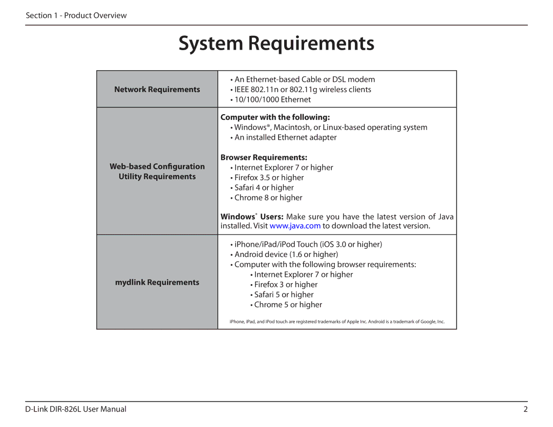 D-Link DIR-826L manual System Requirements, Network Requirements, Computer with the following, Browser Requirements 