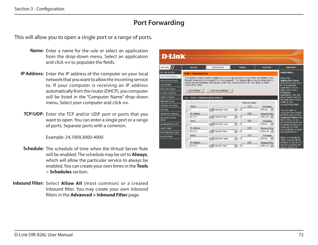 D-Link DIR-826L manual Port Forwarding 