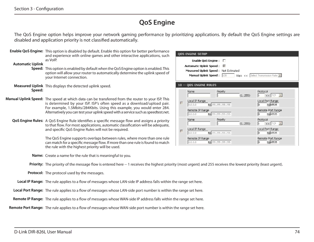 D-Link DIR-826L manual QoS Engine Rules Name Priority Protocol Local IP Range 