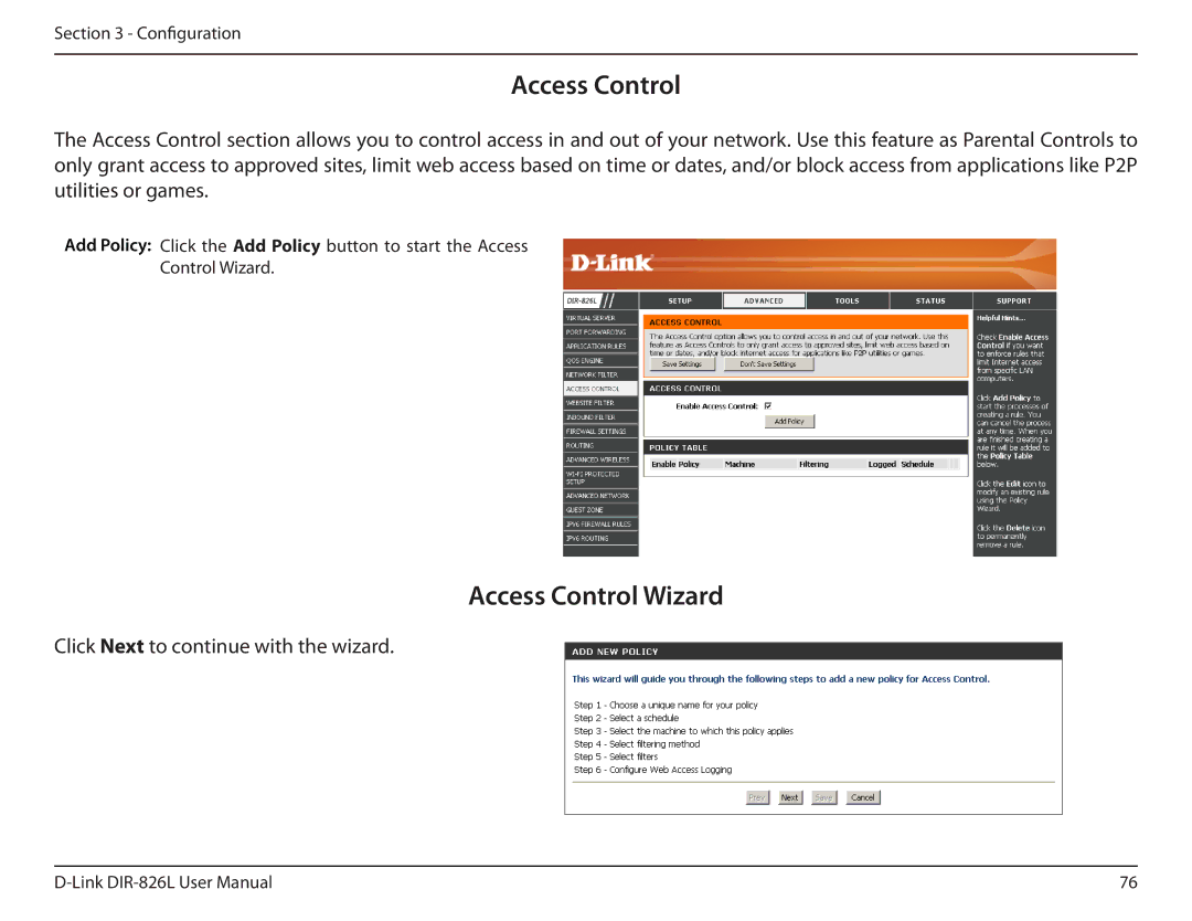 D-Link DIR-826L manual Access Control Wizard 