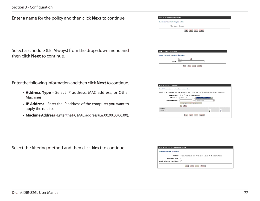 D-Link DIR-826L manual Select the filtering method and then clickNext to continue 