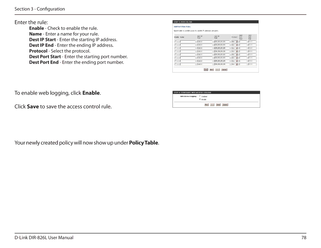 D-Link DIR-826L manual Enter the rule 