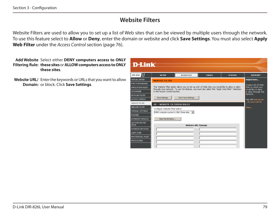 D-Link DIR-826L manual Website Filters, These sites, Domain or block. Click Save Settings 