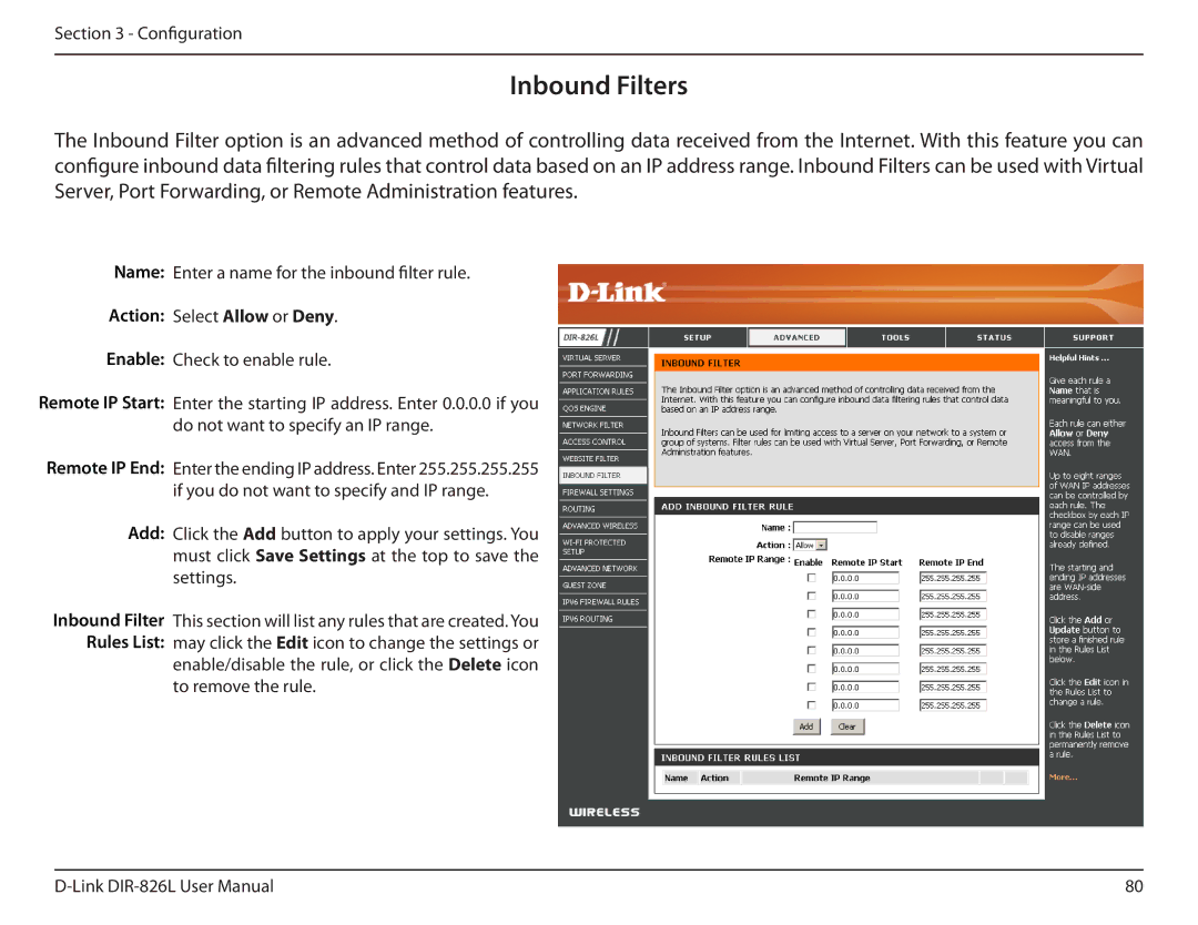 D-Link DIR-826L manual Inbound Filters, Action Select Allow or Deny 