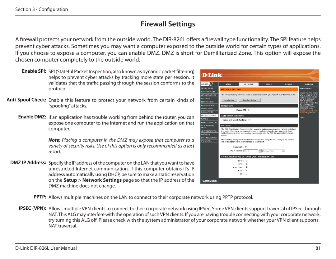 D-Link DIR-826L manual Firewall Settings, Enable SPI, Enable DMZ 