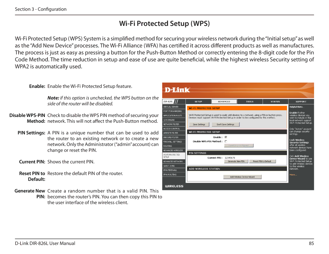 D-Link DIR-826L manual Wi-Fi Protected Setup WPS, Default 