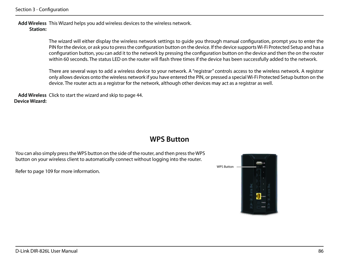 D-Link DIR-826L manual WPS Button, Station, Device Wizard 