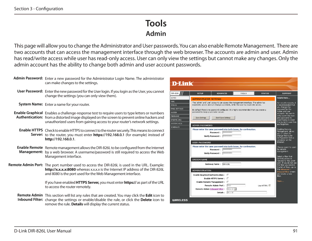 D-Link DIR-826L manual Tools, Admin 