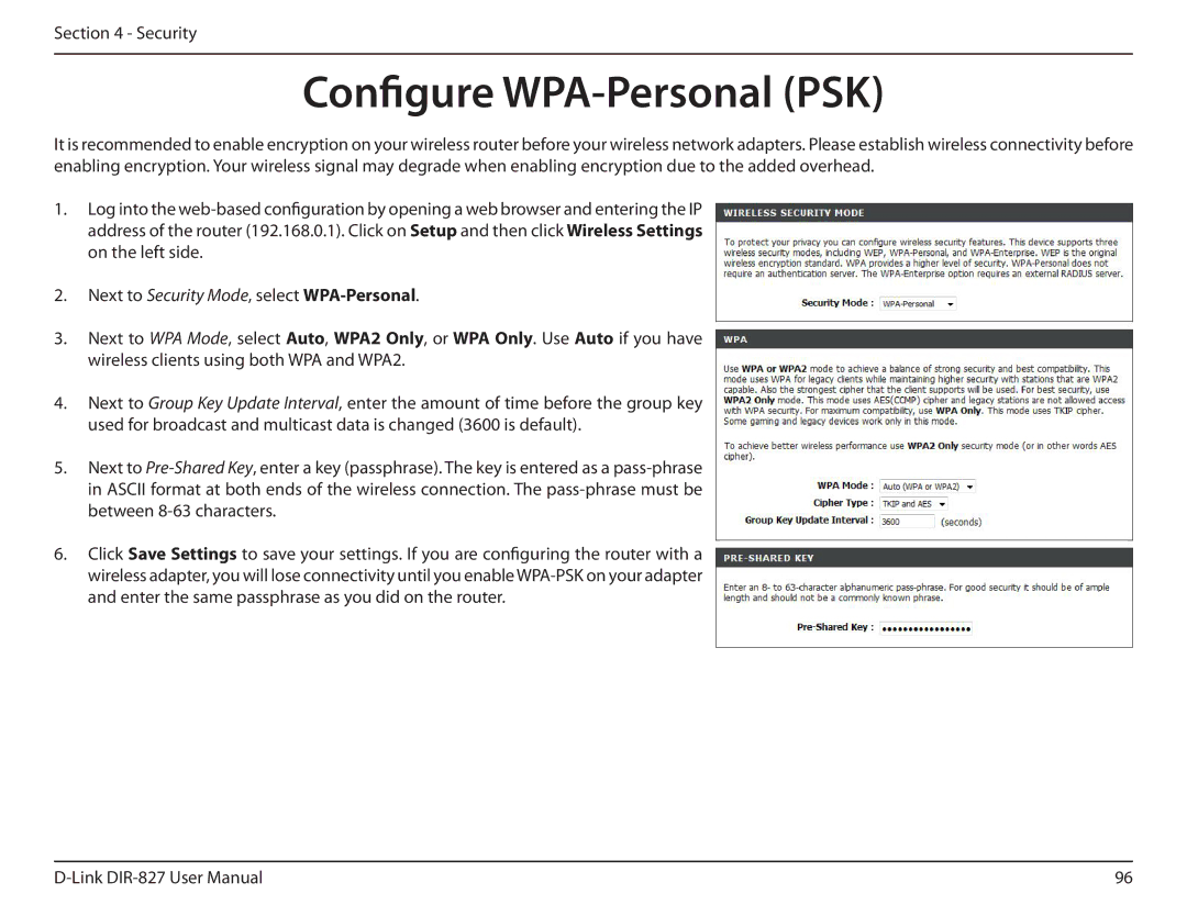 D-Link DIR-827 manual Configure WPA-Personal PSK 