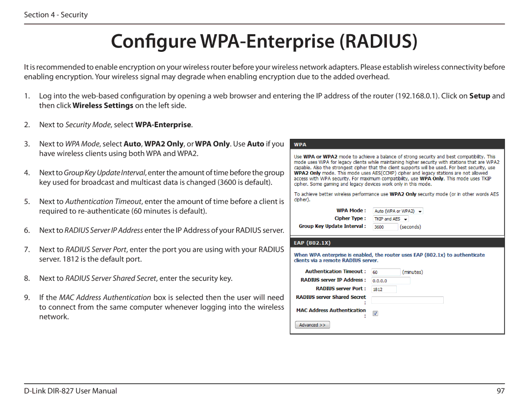 D-Link DIR-827 manual Configure WPA-Enterprise Radius 