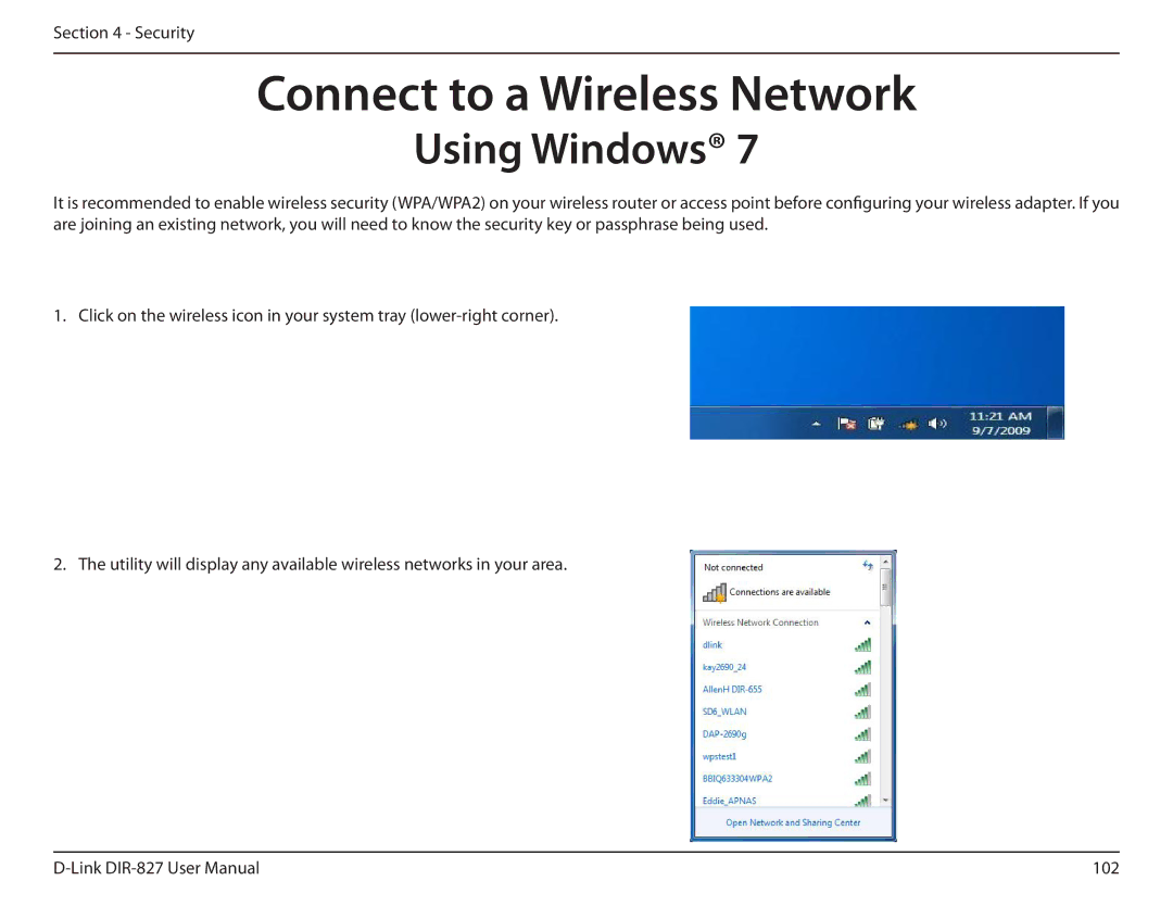 D-Link DIR-827 manual Connect to a Wireless Network, Using Windows 